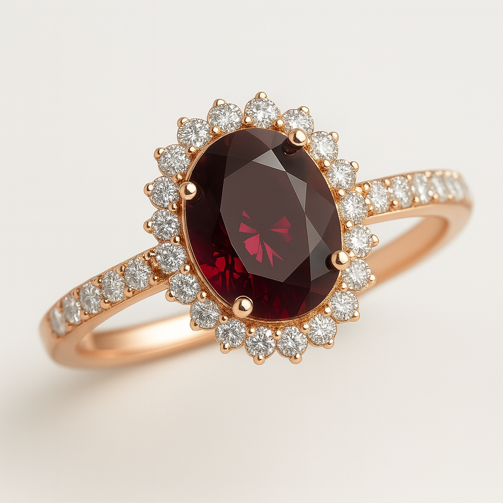 NEREIDA | Anillo solitario oval halo rojo
