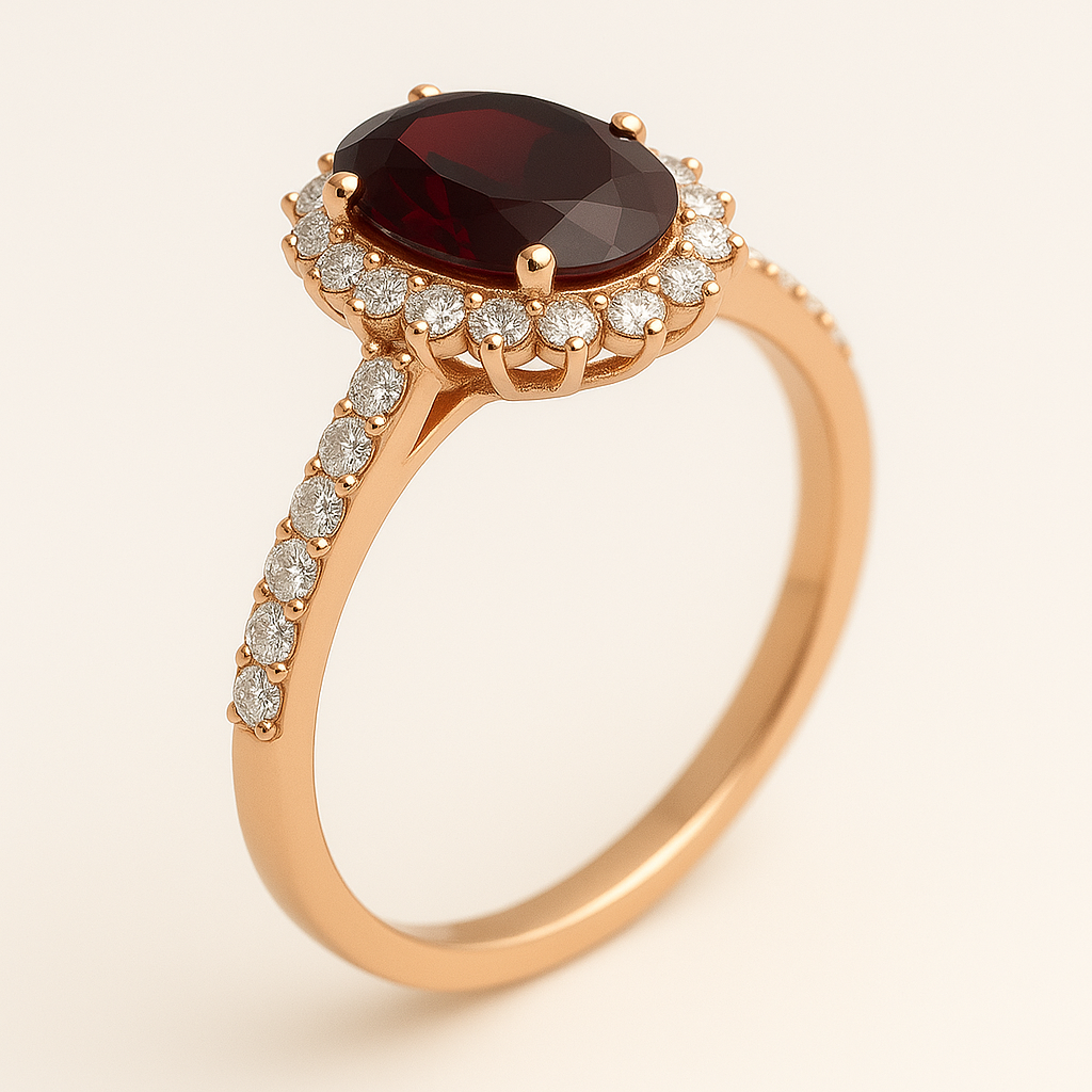 NEREIDA | Anillo solitario oval halo rojo