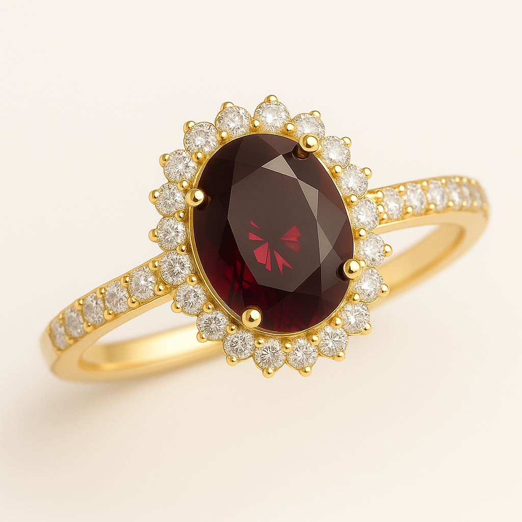 NEREIDA | Anillo solitario oval halo rojo