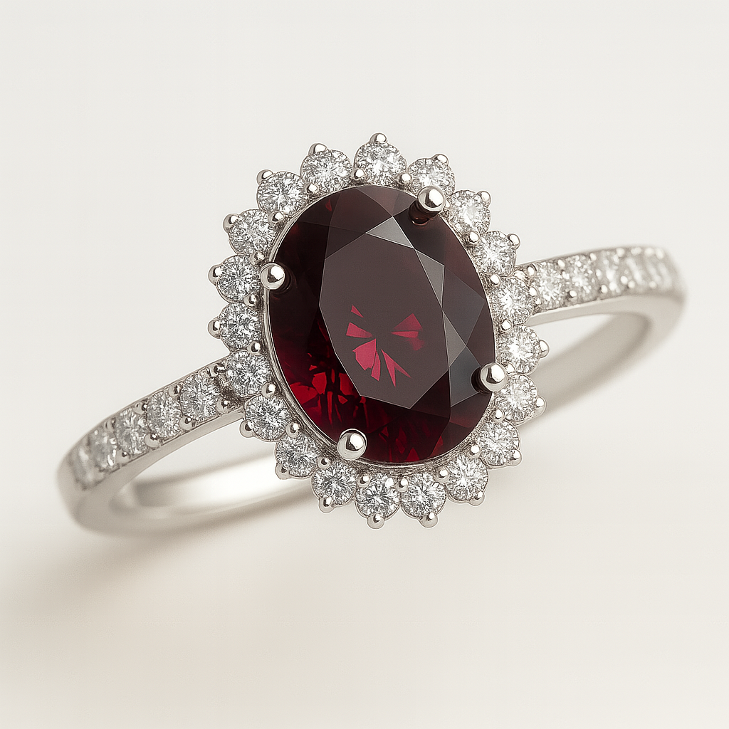 NEREIDA | Anillo solitario oval halo rojo