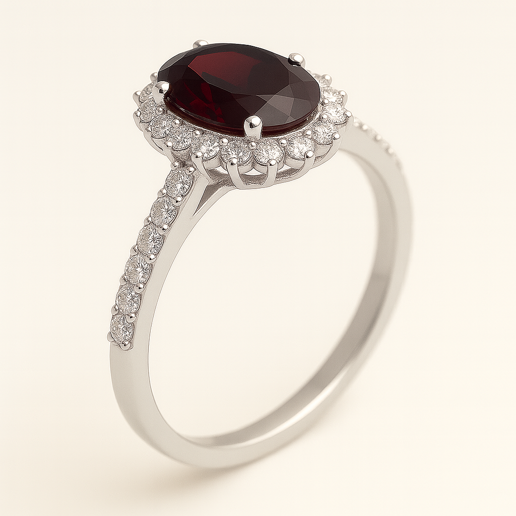 NEREIDA | Anillo solitario oval halo rojo