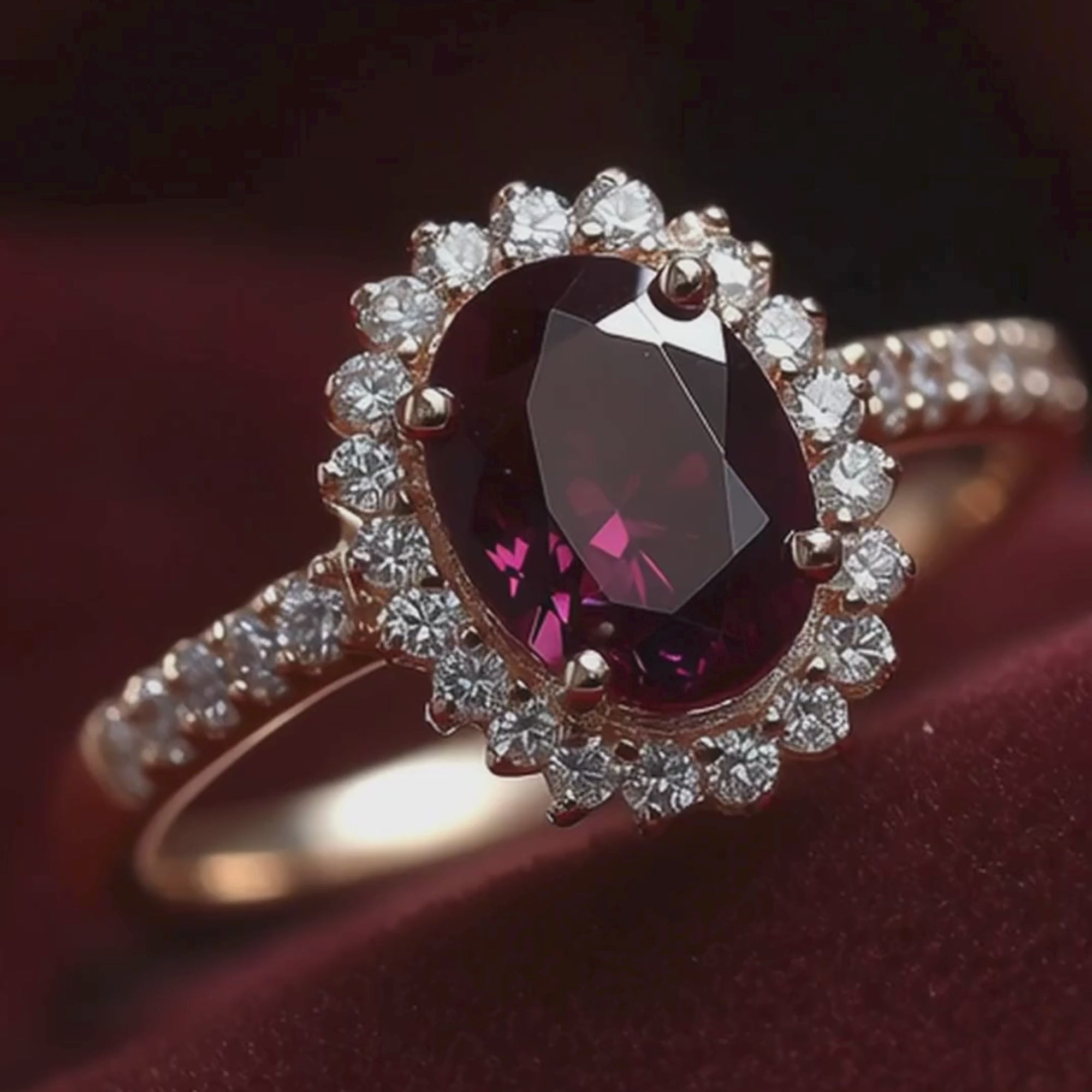 NEREIDA | Anillo solitario oval halo rojo